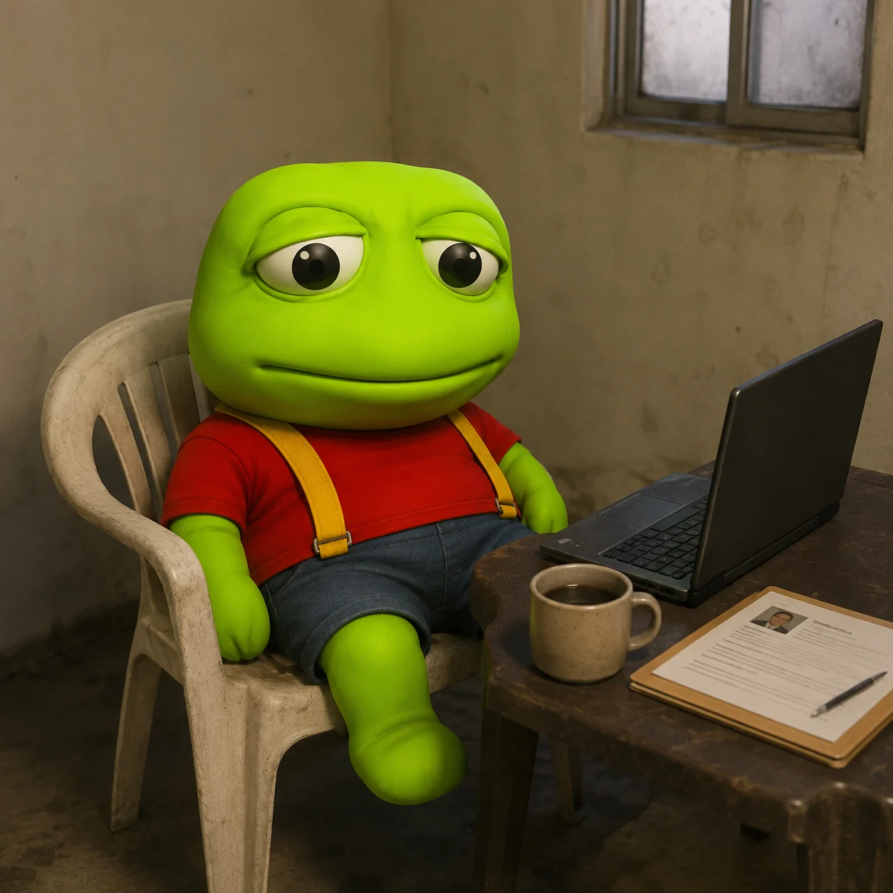 Toad at the table with a laptop and a resume